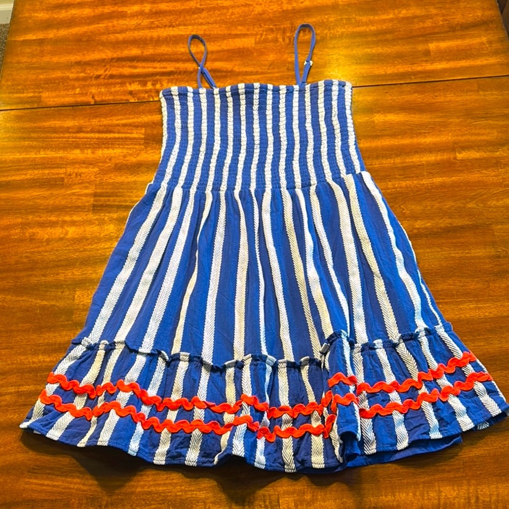 Sail to Sable Striped Jacquard Blue and White smocked Mini Dress - Picture 3 of 5